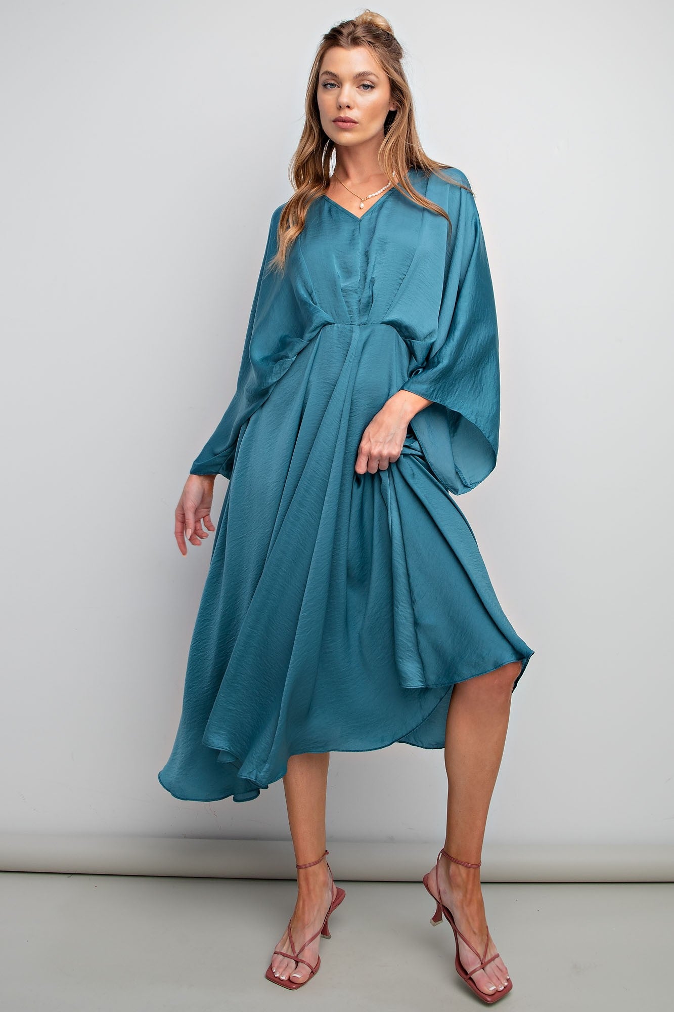 Teal Dull Satin V Neck Dress Teal Dull Satin V Neck Dress