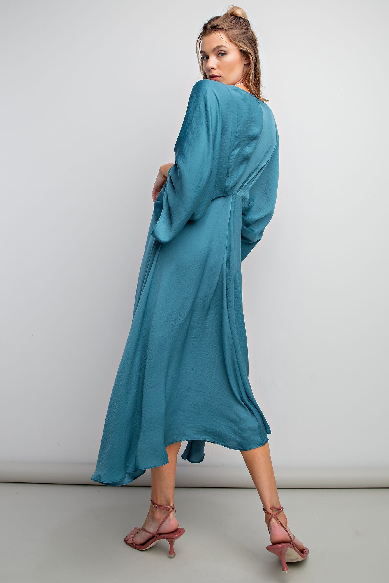 Teal Dull Satin V Neck Dress PinkBlush Teal Dull Satin V Neck Dress PinkBlush
