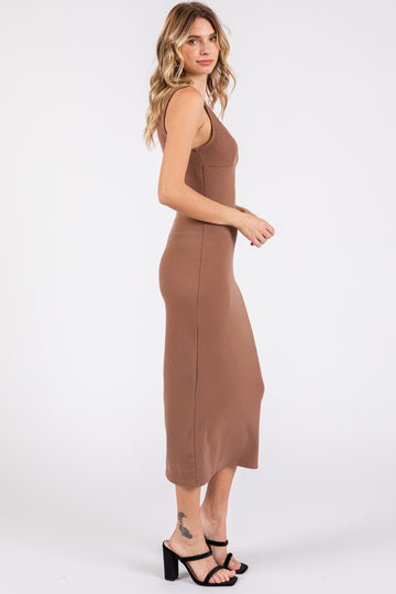Mocha Ribbed Sweetheart Neck Midi Dress