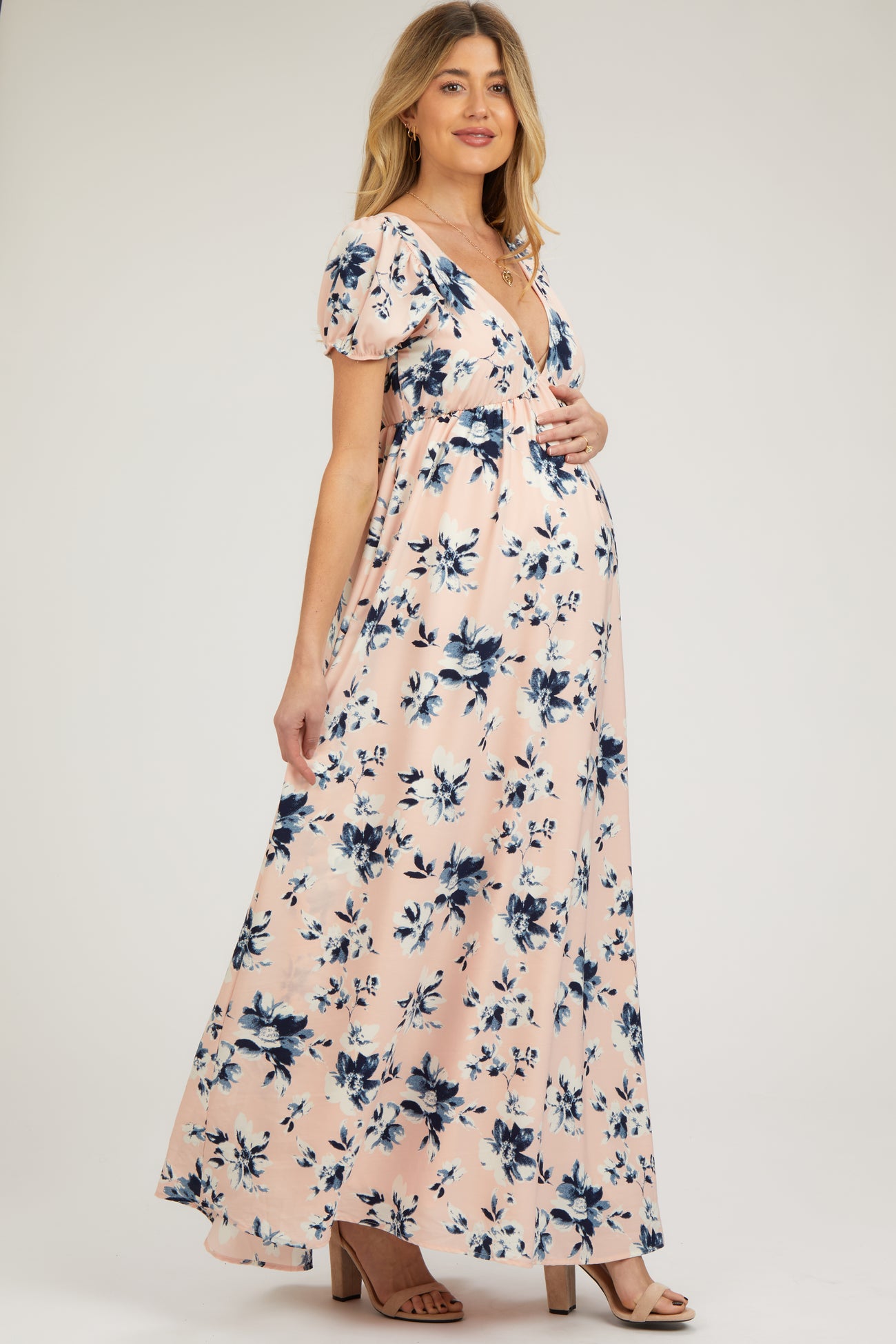 Light Pink Floral V-Neck Puff Sleeve Maternity Maxi Dress PinkBlush Light Pink Floral V-Neck Puff Sleeve Maternity Maxi Dress PinkBlush