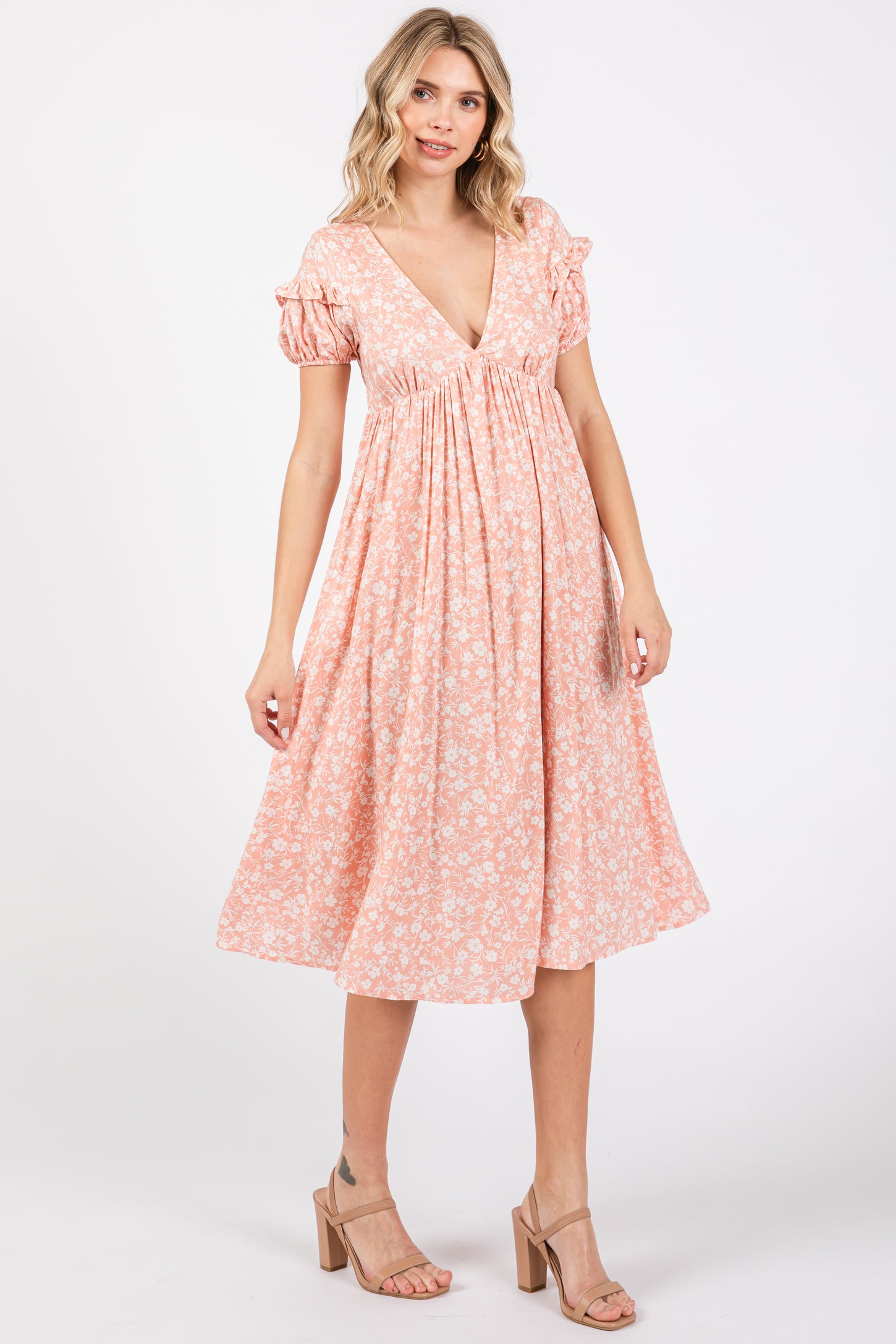 Peach Floral V-Neck Short Sleeve Dress