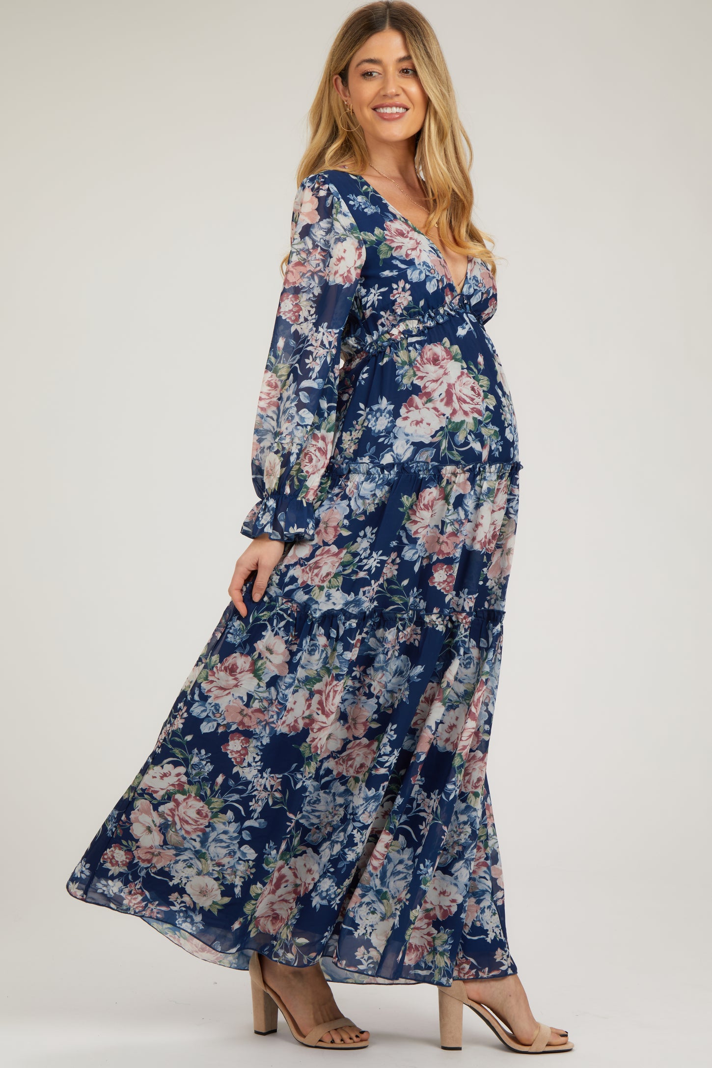 Navy Blue Floral Chiffon Deep V Ruffle Tiered Maternity Maxi Dress ...