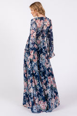 Navy Blue Floral Chiffon Deep V Ruffle Tiered Maxi Dress