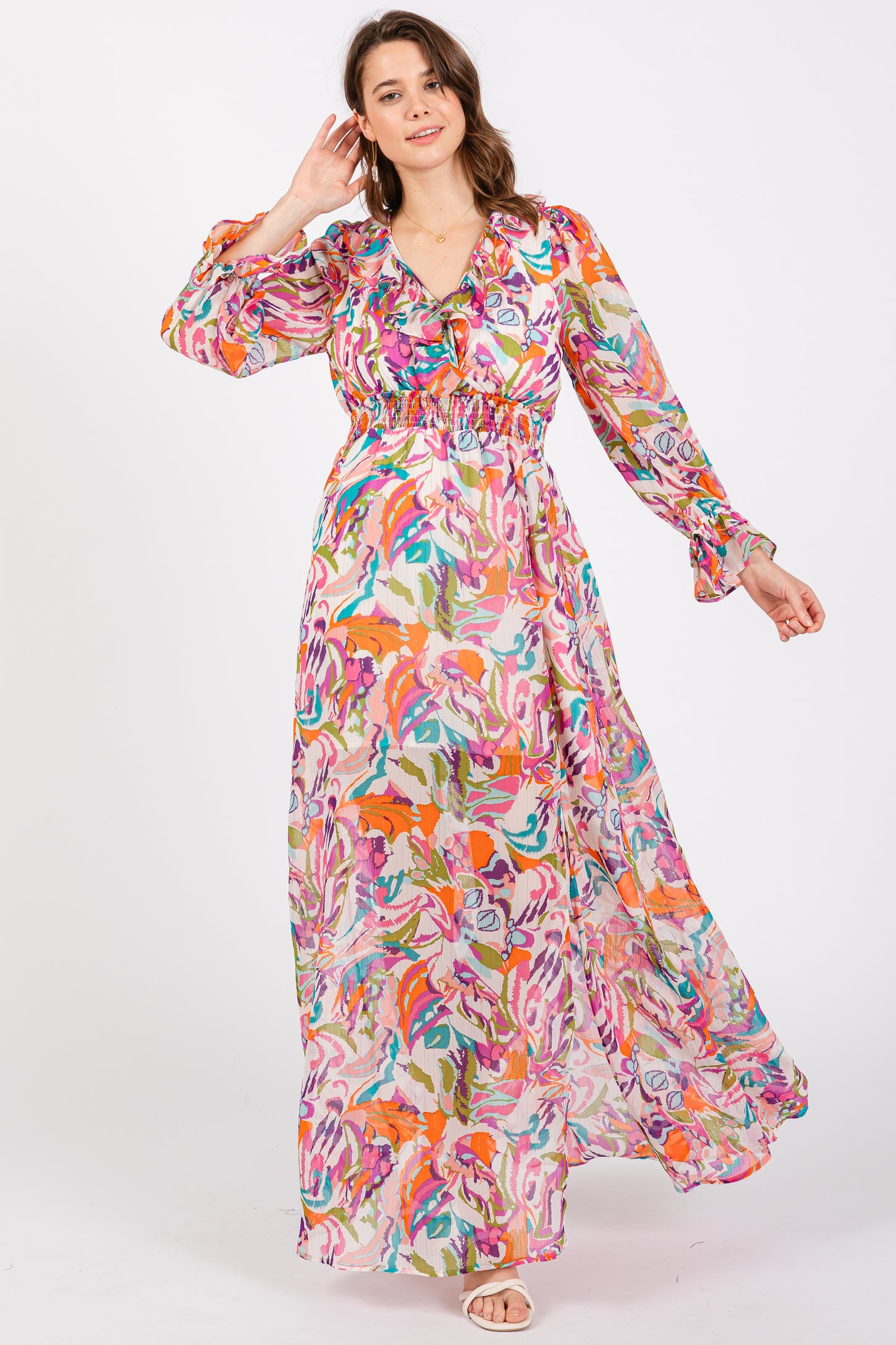 Pink Print Ruffle Long Sleeve Maternity Maxi Dress PinkBlush Pink Print Ruffle Long Sleeve Maternity Maxi Dress PinkBlush