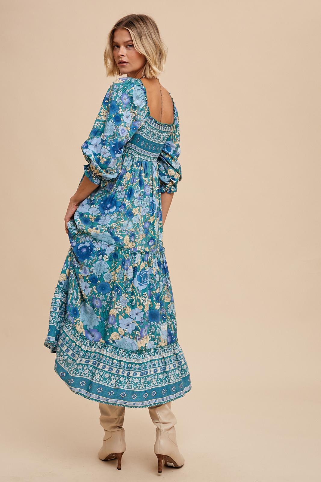 Teal Floral Smocked Half-Length Sleeves Midi Dress – PinkBlush Teal Floral Smocked Half-Length Sleeves Midi Dress – PinkBlush