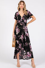 Black Floral Print Wrap Front V-Neck Hi-Low Midi Dress