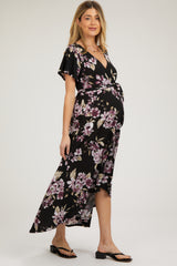 Black Floral Print Wrap Front V-Neck Hi-Low Maternity Midi Dress