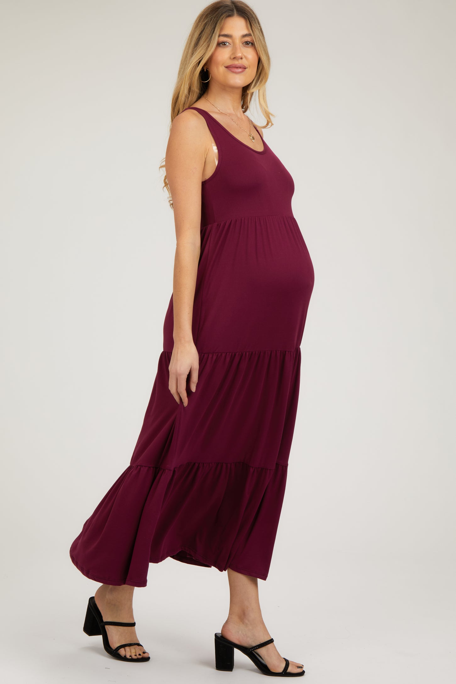 Burgundy Sleeveless Scoop Back Tiered Maternity Maxi Dress– PinkBlush