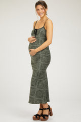 Light Olive Floral Paisley Velvet Tie Satin Maternity Midi Dress