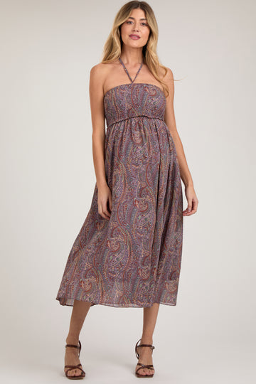 Purple Paisley Halter Smocked Maternity Midi Dress