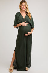 Olive Lightweight Deep V-Neck Maternity Maxi Dress
