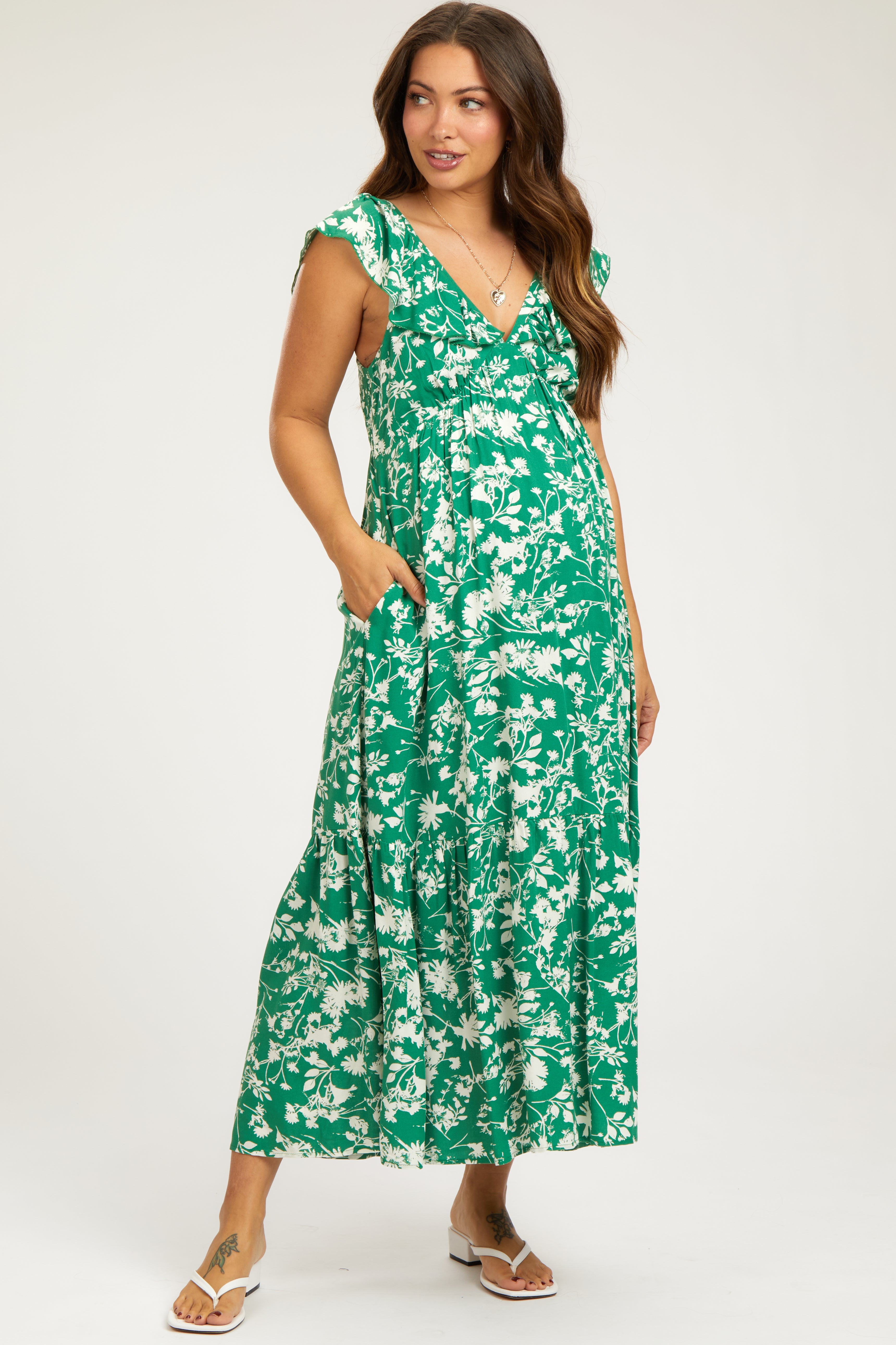 Green Floral Ruffle Maternity Midi Dress – PinkBlush