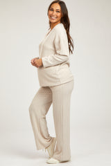 Cream Ribbed Soft Knit Long Sleeve Maternity Pajama Set