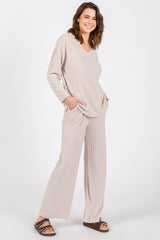 Cream Ribbed Soft Knit Long Sleeve Pajama Set