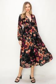 Burgundy Chiffon Floral Long Sleeve V-Neck Maxi Dress