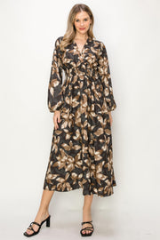 Charcoal Satin Floral Long Sleeve Stretch Waist Maxi Dress