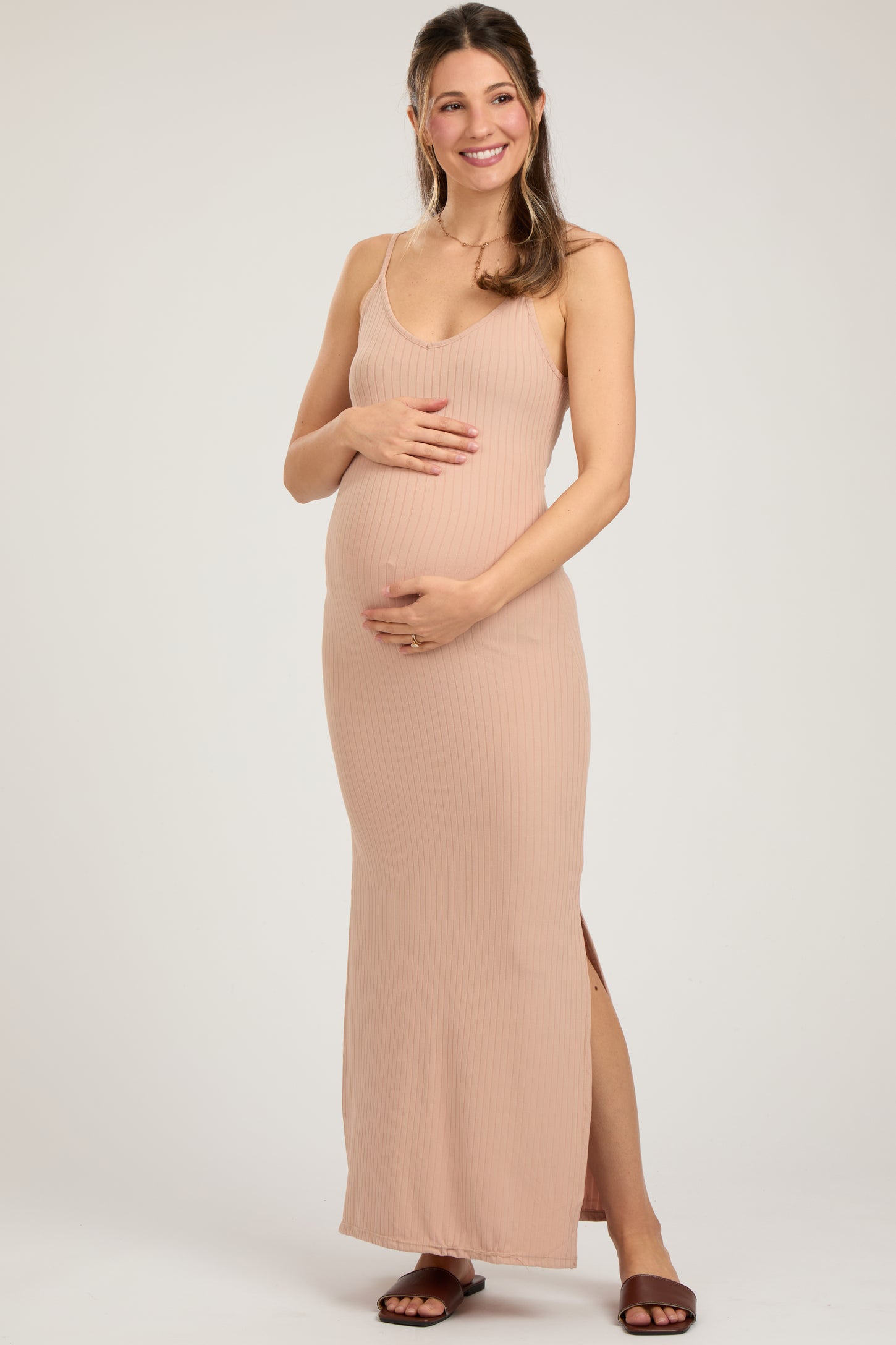Beige Ribbed Side Slit Maternity Maxi Dress