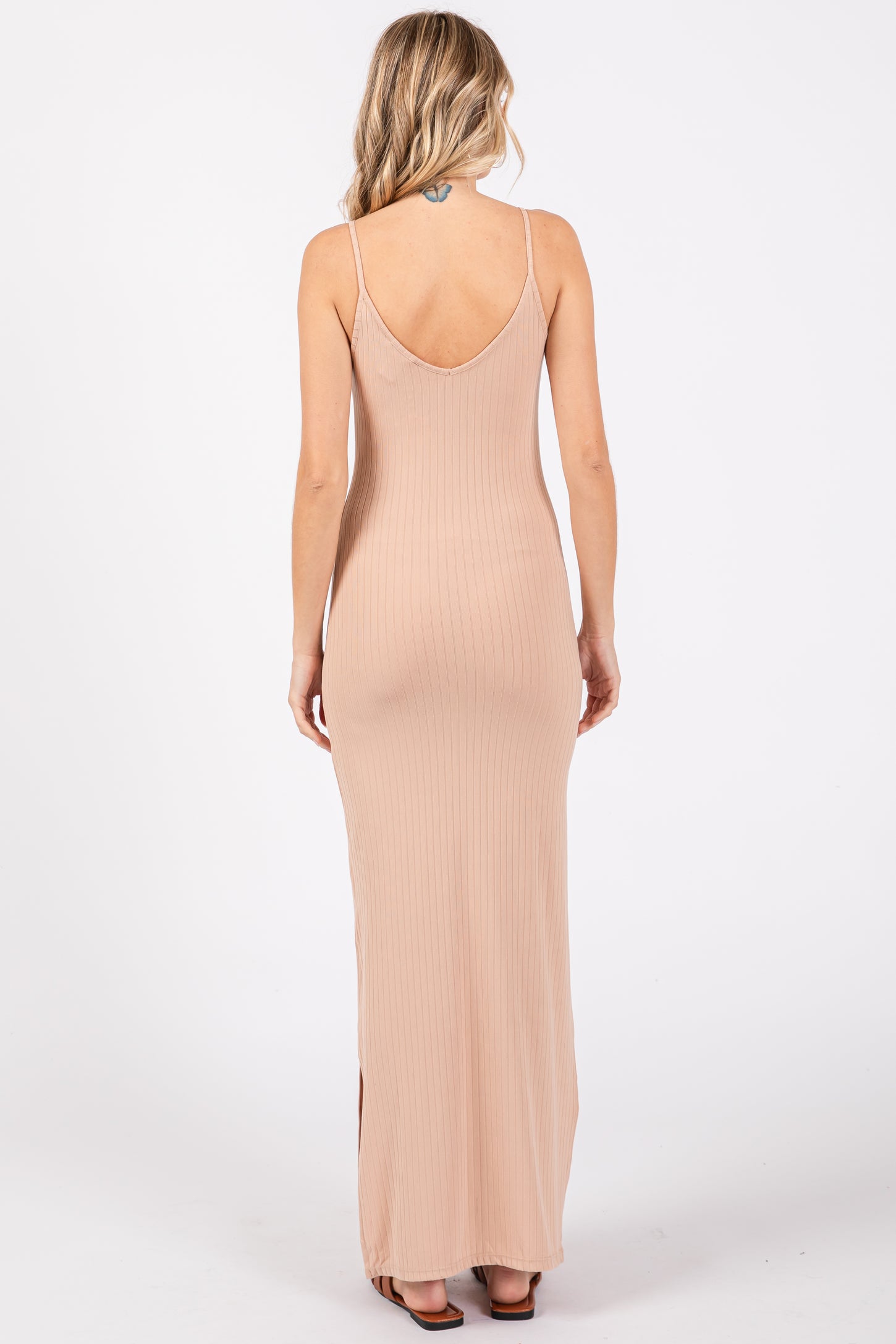 Beige Ribbed Side Slit Maxi Dress