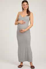 Heather Grey Ribbed Side Slit Maternity Maxi Dress