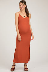 Orange Ribbed Side Slit Maternity Maxi Dress