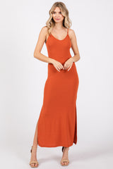 Orange Ribbed Side Slit Maternity Maxi Dress