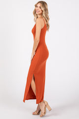 Orange Ribbed Side Slit Maxi Dress