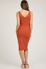 Orange Ribbed Knit Fitted Maternity Dress