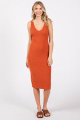 Orange Ribbed Knit Fitted Maternity Dress