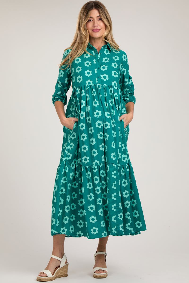 Emerald Floral 3/4 Sleeve Collared Maternity Maxi Dress– PinkBlush