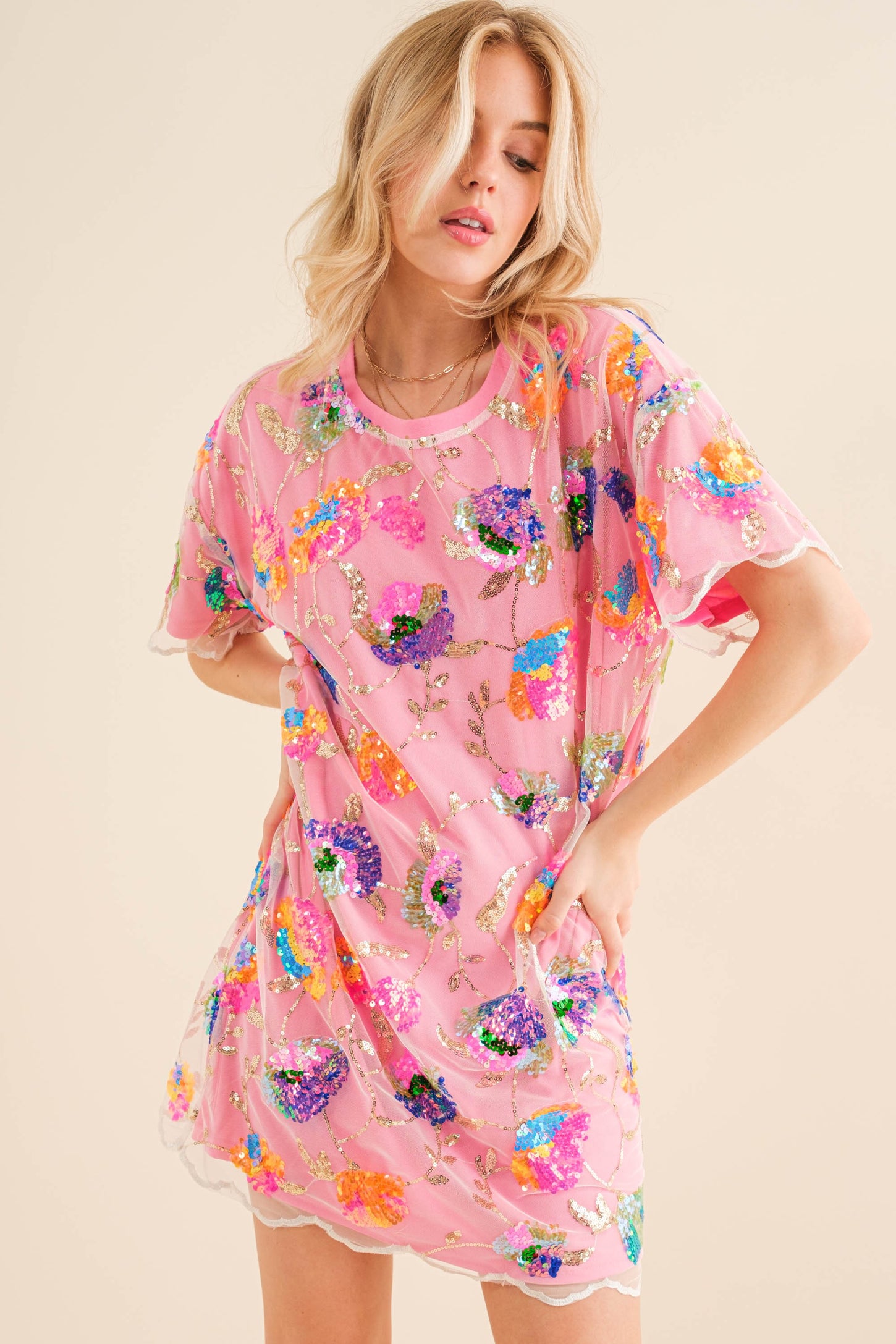 Pink Multi Sequin Floral Multi T Shirt Mini Dress – PinkBlush Pink Multi Sequin Floral Multi T Shirt Mini Dress – PinkBlush