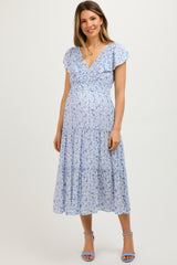 Blue Floral Front Ruched Ruffle Shoulder Tiered Maternity Midi Dress