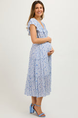 Blue Floral Front Ruched Ruffle Shoulder Tiered Maternity Midi Dress