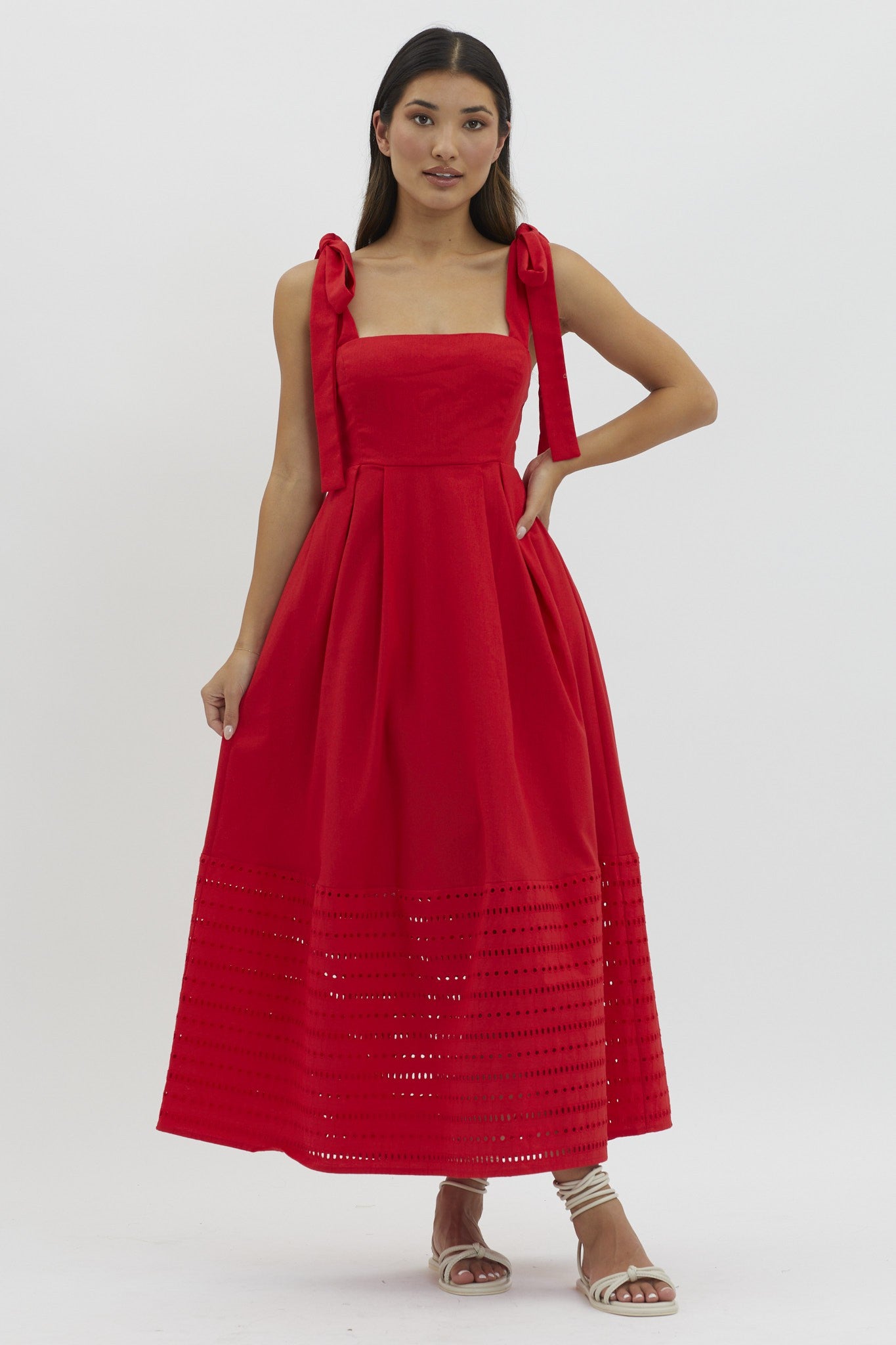 Red Linen Square Neck Shoulder Tie Eyelet Hem Maternity Midi Dress – PinkBlush Red Linen Square Neck Shoulder Tie Eyelet Hem Maternity Midi Dress – PinkBlush