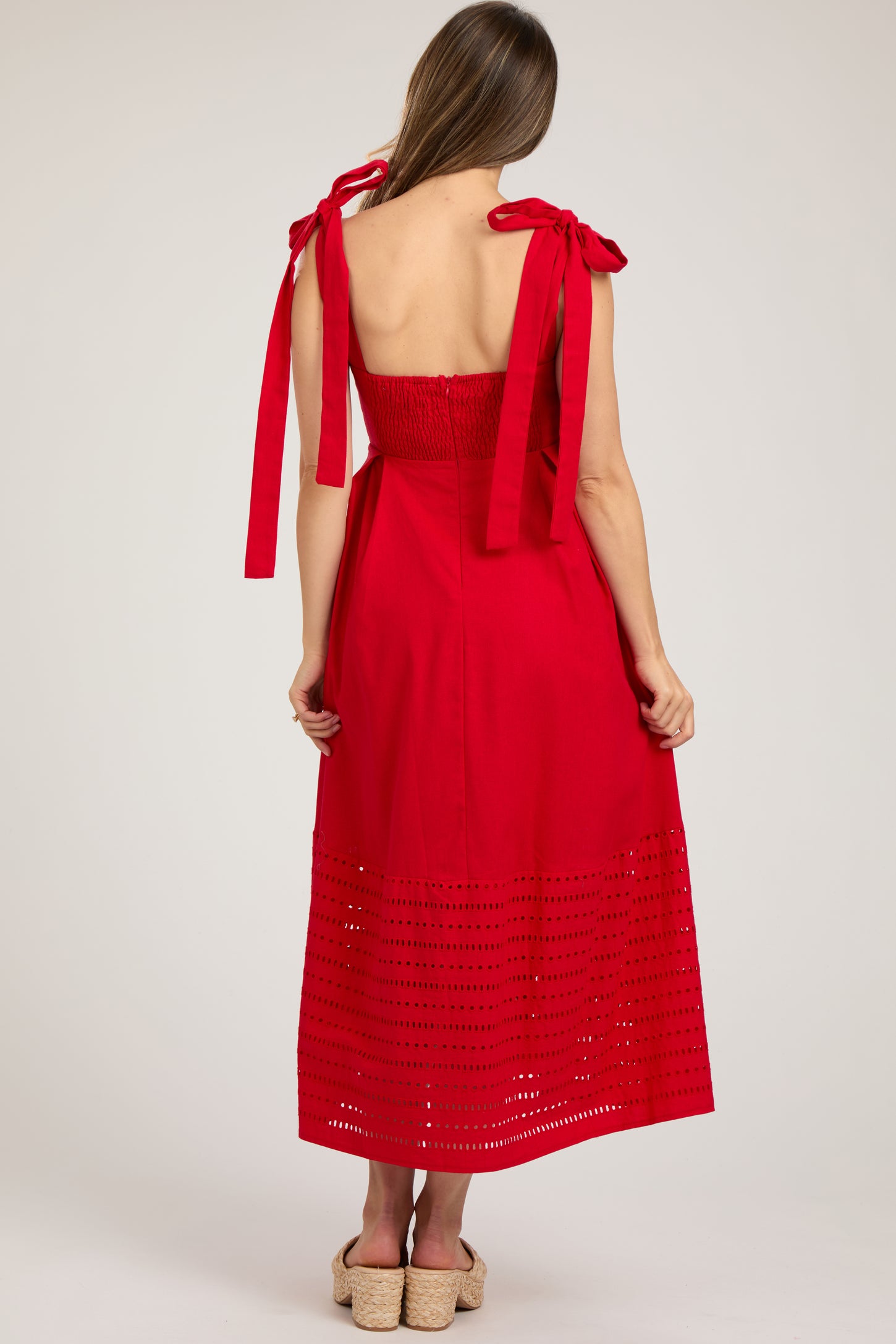 Red Linen Square Neck Shoulder Tie Eyelet Hem Maternity Midi Dress PinkBlush Red Linen Square Neck Shoulder Tie Eyelet Hem Maternity Midi Dress PinkBlush