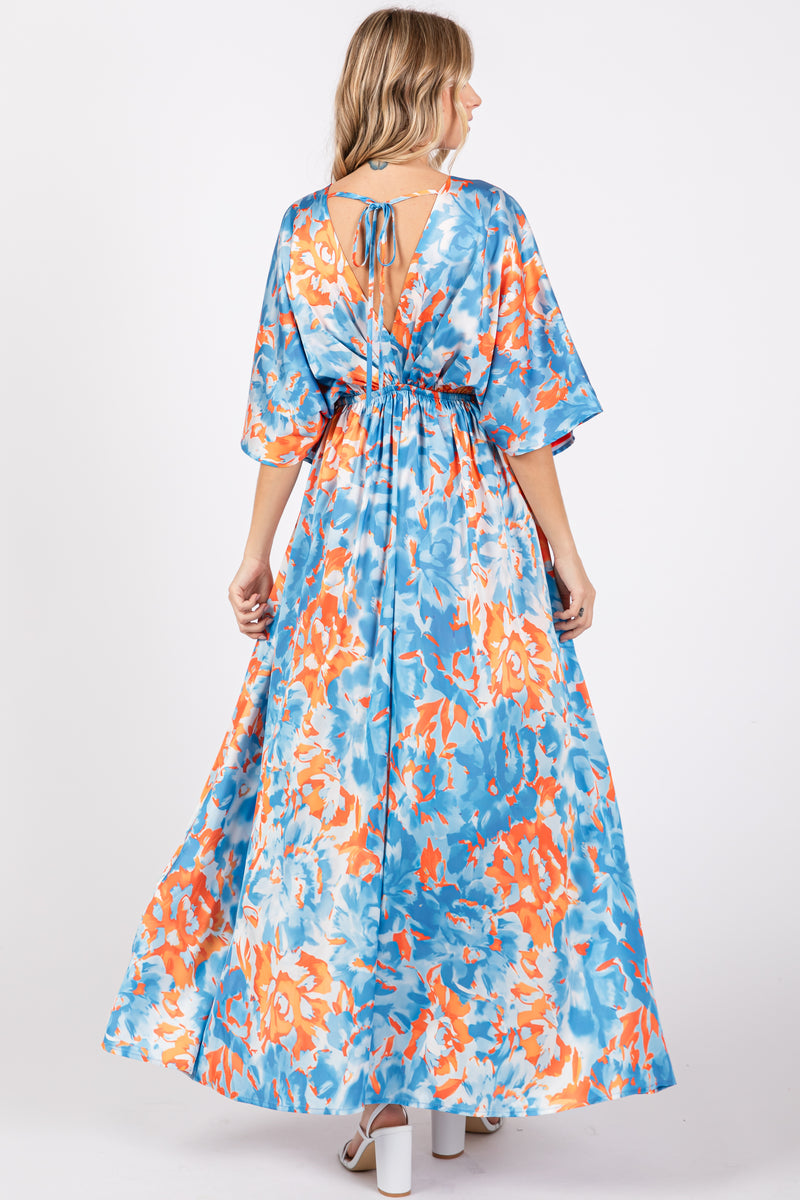 Blue Floral Satin V-Neck Maxi Dress– PinkBlush