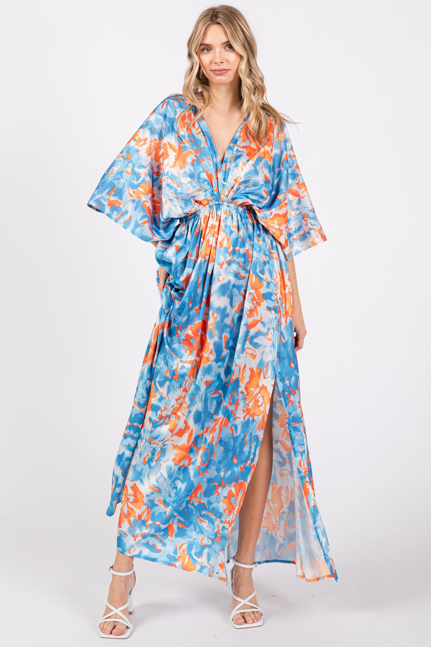 Blue Floral Satin V-Neck Maxi Dress – PinkBlush