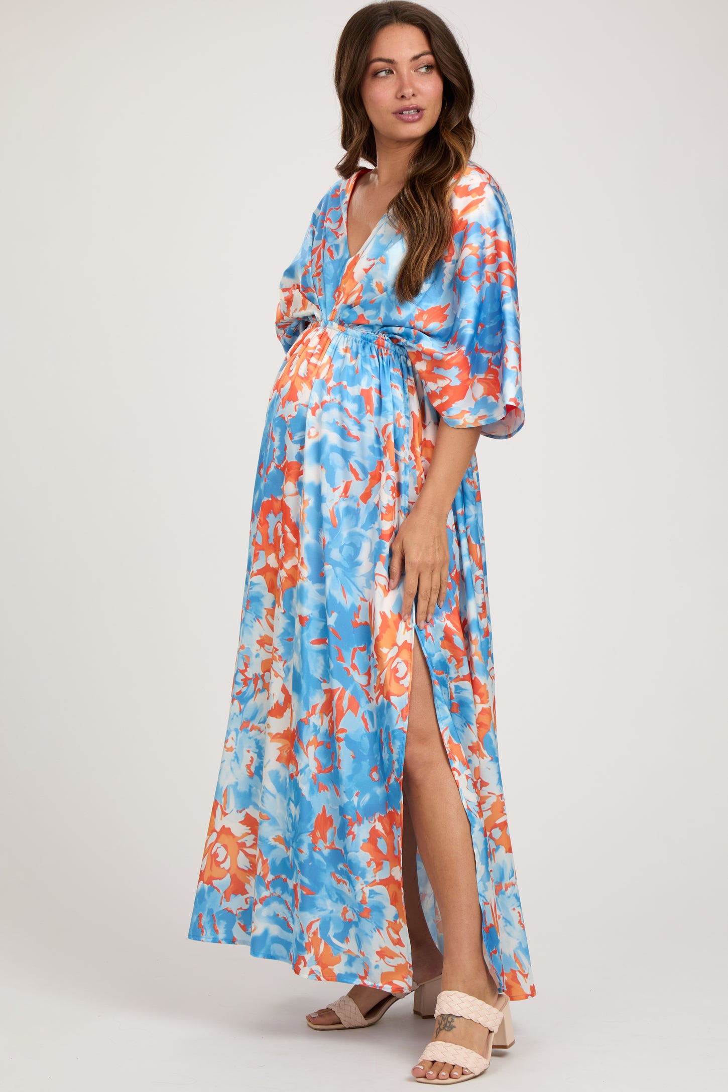 Blue Floral Satin V-Neck Maternity Maxi Dress PinkBlush Blue Floral Satin V-Neck Maternity Maxi Dress PinkBlush