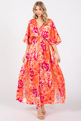 Orange Floral Satin V-Neck Maxi Dress