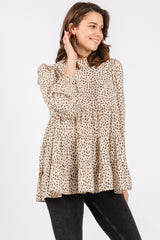 Ivory Animal Print Mock Neck Tiered Maternity Top
