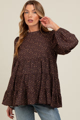 Brown Animal Print Mock Neck Tiered Maternity Top