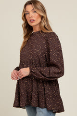 Brown Animal Print Mock Neck Tiered Maternity Top
