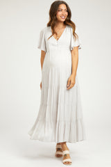Grey Button Detail Tiered Maternity Maxi Dress