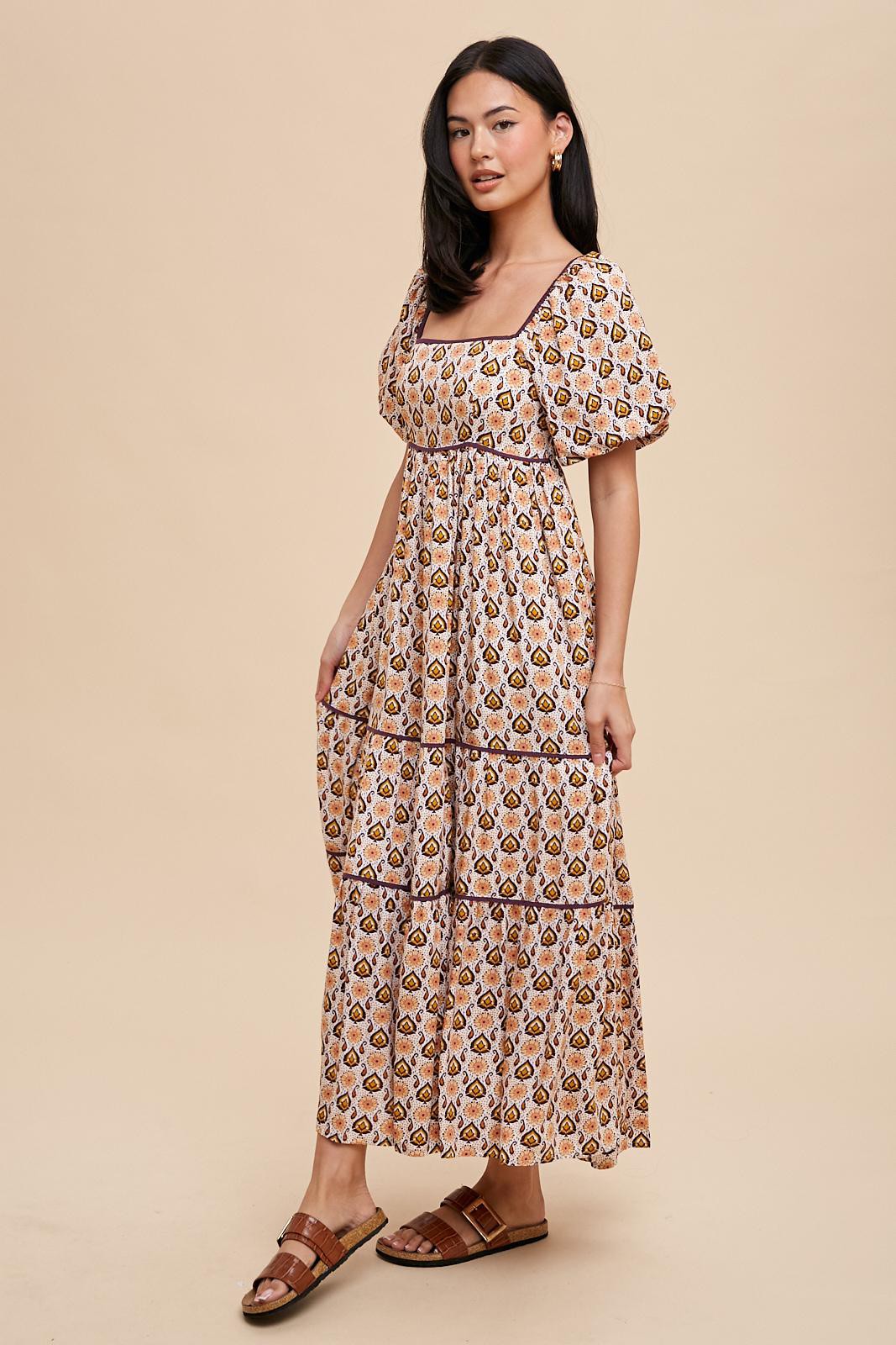 Brown Floral Print Puff Sleeve Maxi Dress PinkBlush Brown Floral Print Puff Sleeve Maxi Dress PinkBlush