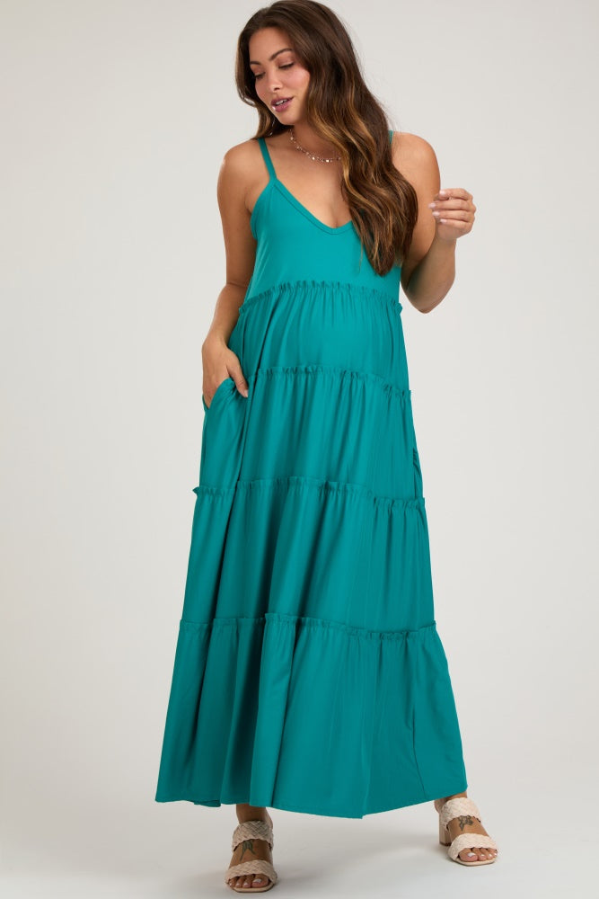 Teal Tiered Sleeveless Maternity Maxi Dress– PinkBlush