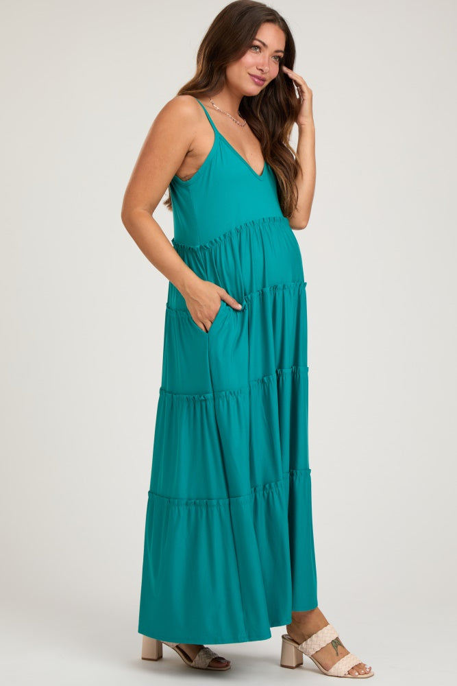 Teal Tiered Sleeveless Maternity Maxi Dress– PinkBlush