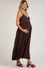 Brown Tiered Sleeveless Maternity Maxi Dress