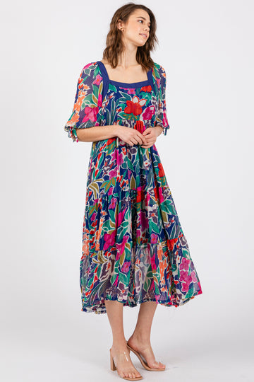 Navy Floral Half-Length Sleeve Tie Midi Dress