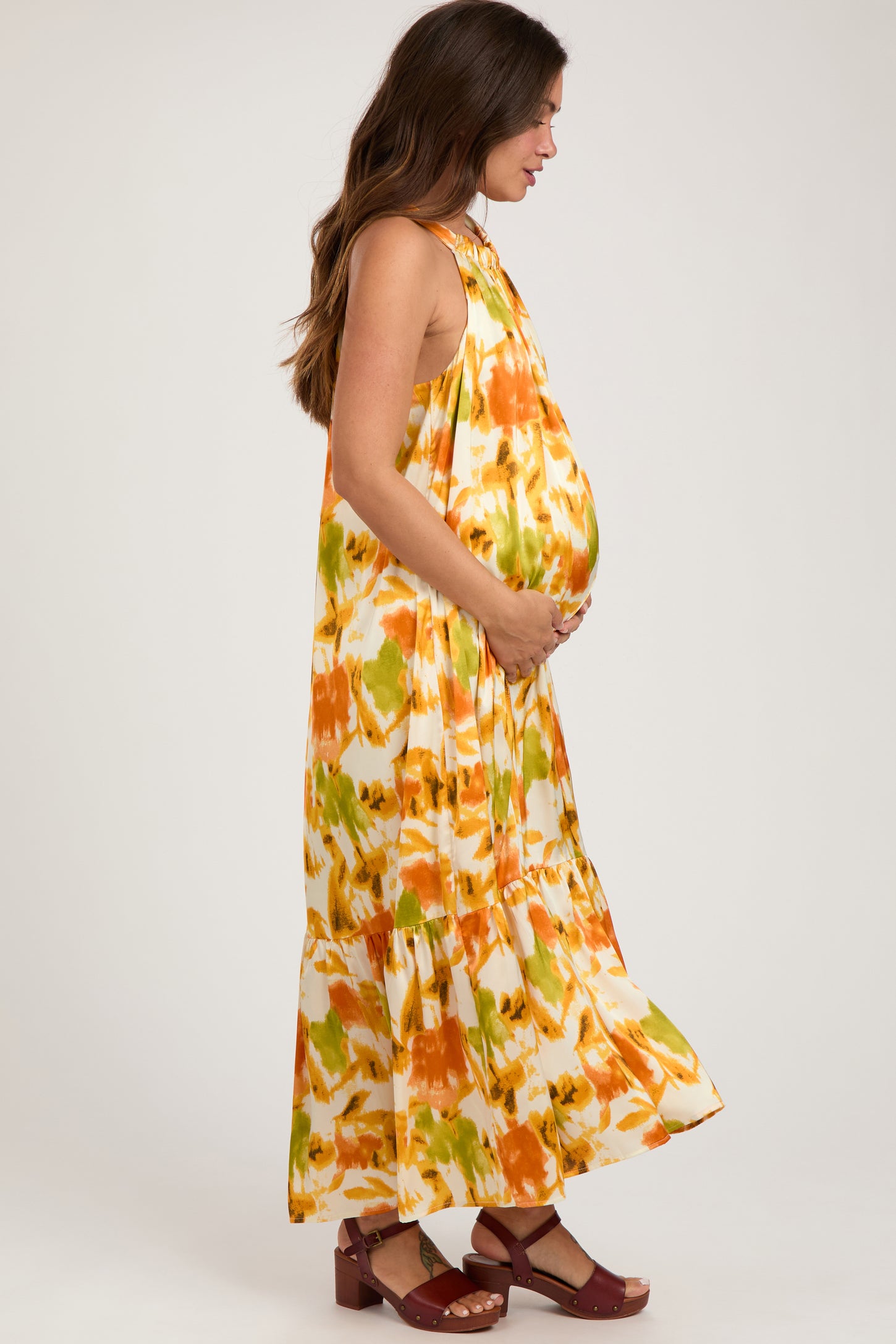 Orange Watercolor Print Satin Maternity Midi Dress – PinkBlush