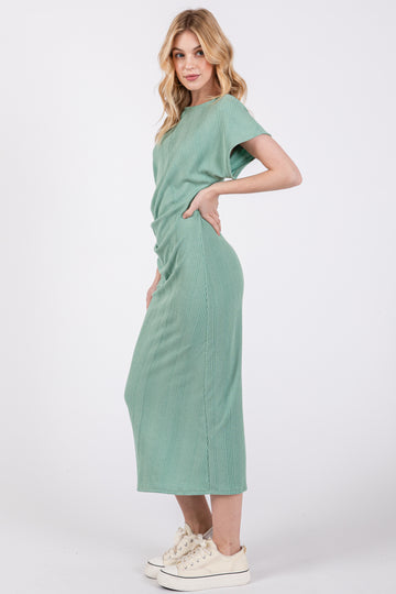 Sage Ribbed Short Sleeve Gathered Midi Dress
