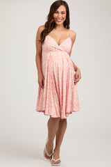 Peach Floral Sleeveless V-Neck Maternity Dress